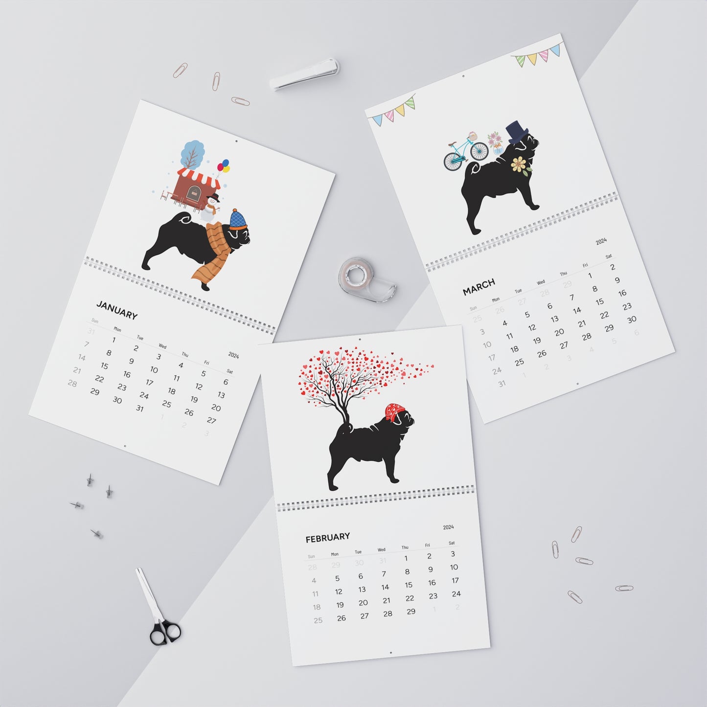 Pug Wall Calendar 2024