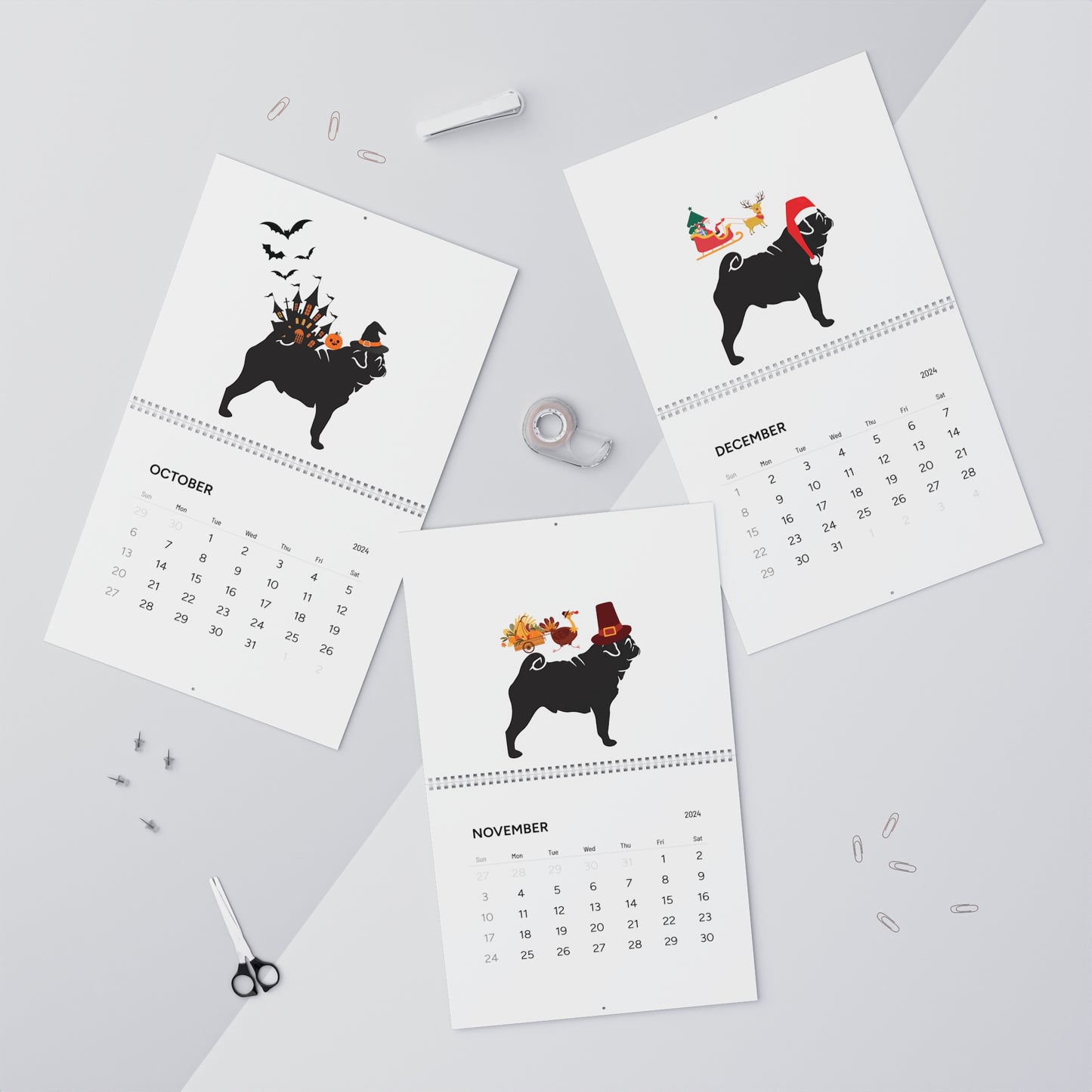 Pug Wall Calendar 2024