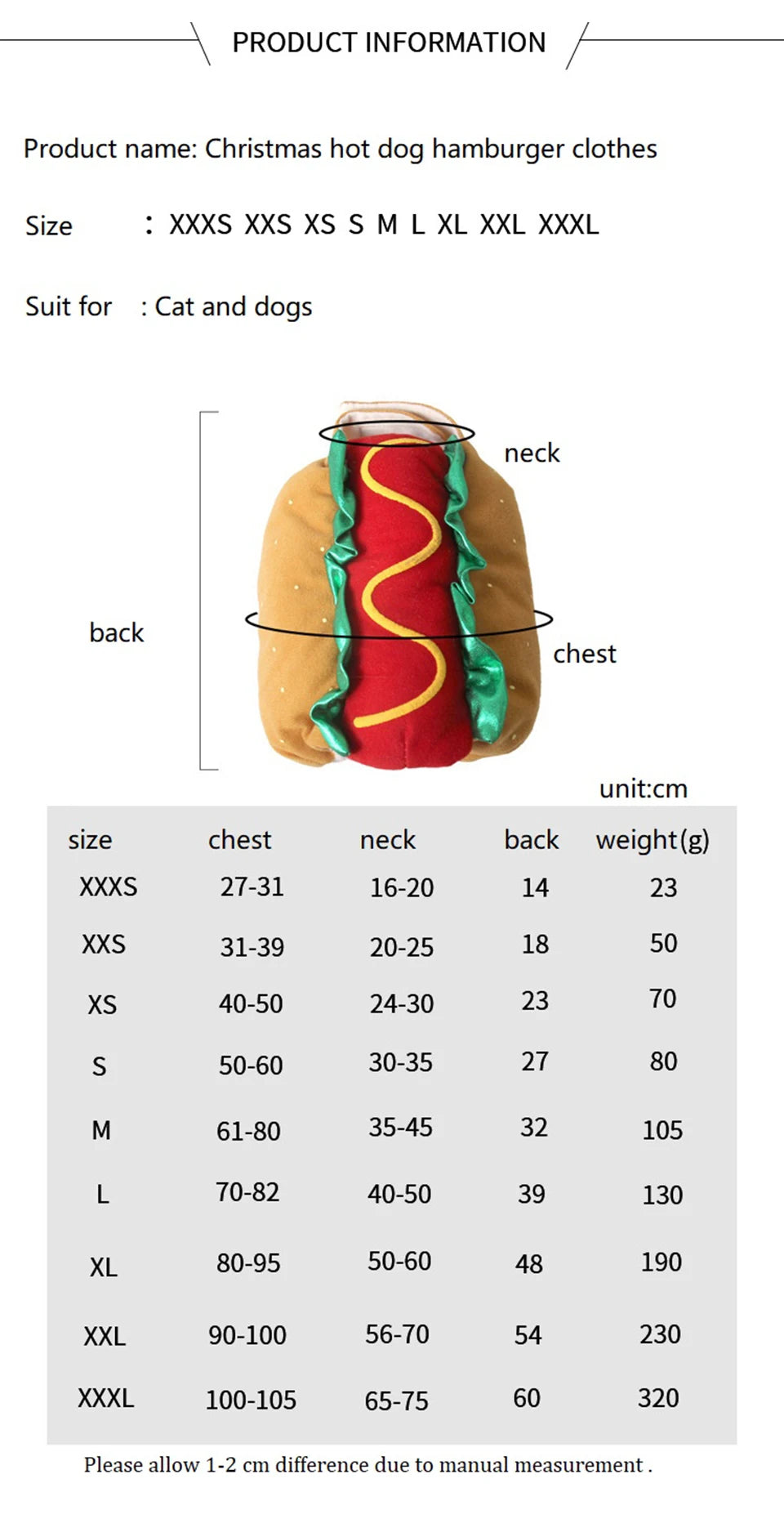 Funny Pet Hot Dog Costume